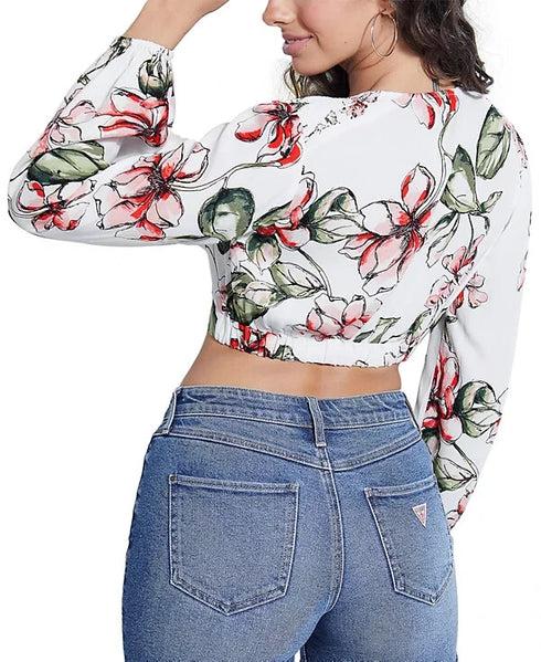 GUESS Womens White Floral Long Sleeve V Neck Crop Top Size Large